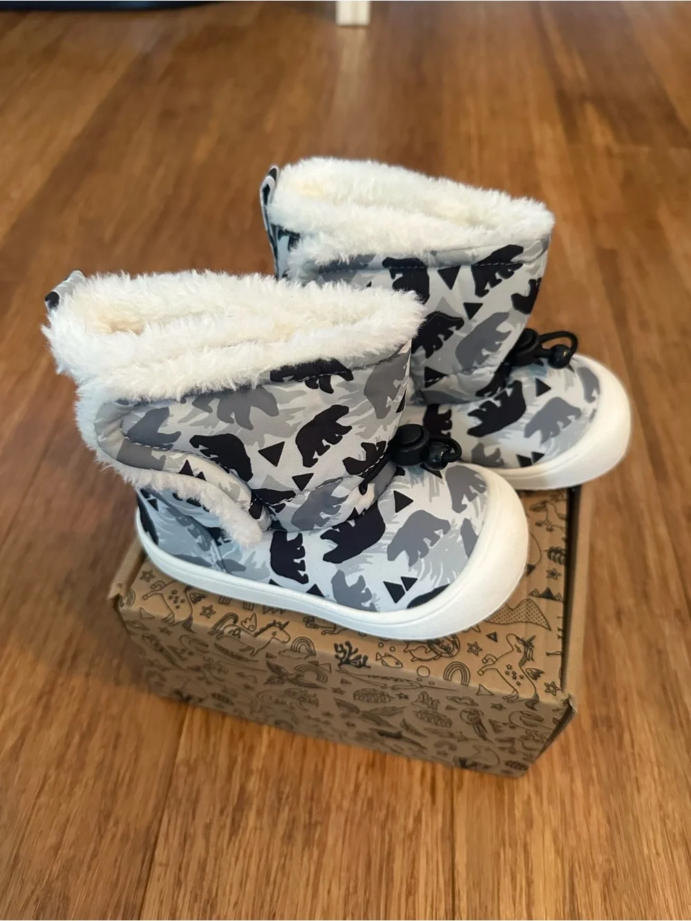 Kids Grey Bear Print Winter Boots with Plush Lining
